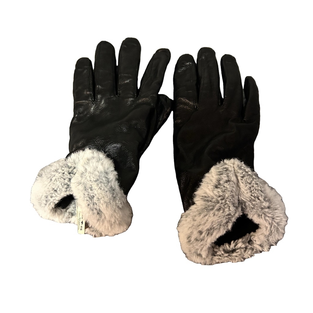 Isotoner Black Genuine Leather Gloves Fur Trim Womens - Picture 4 of 7
